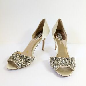 Badgley Mischka Maria Ivory Satin Peep Toe Pumps Sz 10 Crystal Beaded Rhinestone
